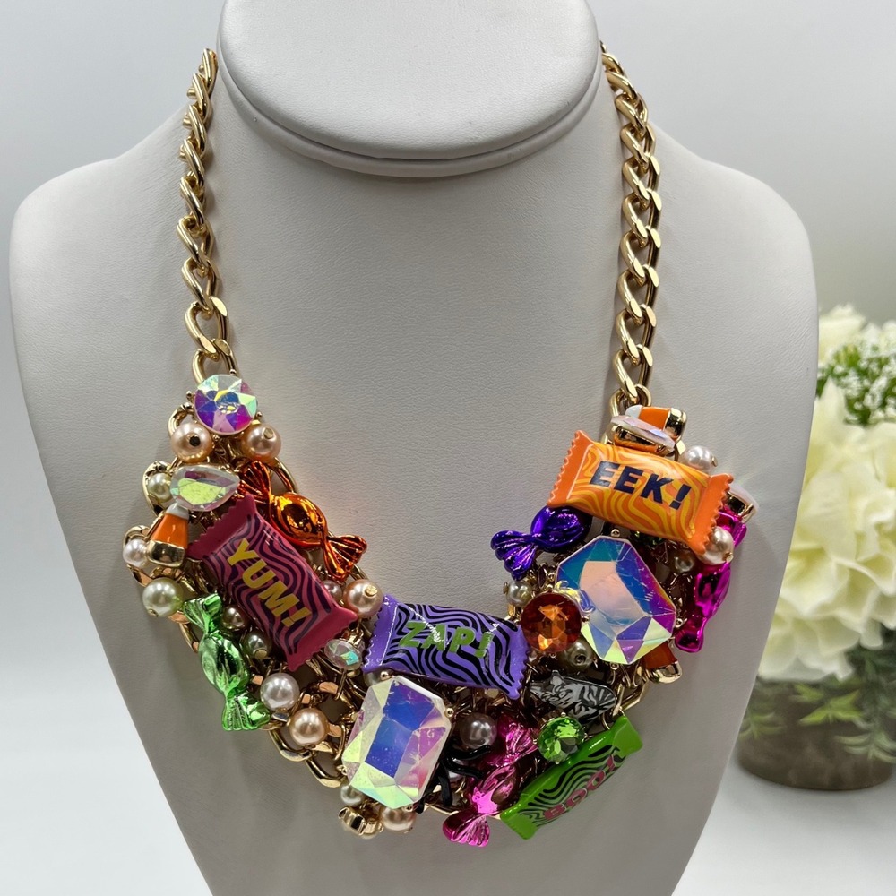 Betsey‎ Johnson RhineStone EEK Spooky Halloween Wrapped Candy Cat Bib Necklace